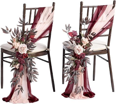 Amazon.com: Ling's Moment Wedding Chair Decorations with Drapes 8pcs Aisle Decorations Burgundy & Dusty Rose Pew Wedding Decorations for Ceremony Reception Outside : Home & Kitchen Wedding Reception Decorations Burgundy, Dusty Rose And Wine Red Wedding, Burgundy Wedding Venue Decor, Burgundy Wedding Chair Decor, Burgundy Chair Covers Wedding, Vintage Burgundy Wedding, Burgundy Boho Wedding Decor, Burgundy Ivory Wedding, Maroon Themed Wedding Decorations