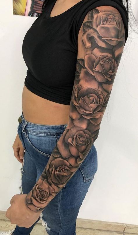 Full Arm Sleeve Tattoos For Women Roses, Tattoo Sleeve With Roses, Rose Arm Sleeve Tattoos For Women, Half Arm Sleeve Tattoo For Women, Full Sleeve Tattoos Women Unique, Full Arm Sleeve Tattoos For Women, Sleeve Flower Tattoo, Rose Sleeve Tattoo, Flower Sleeve Tattoo