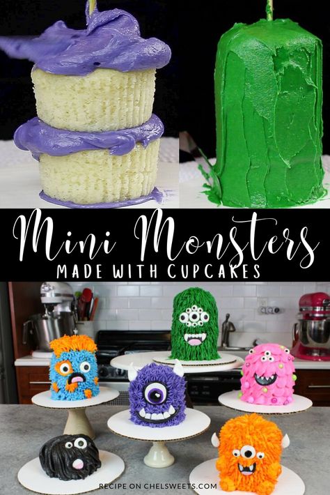 Mini Monster Cakes, Monster Smash Cake 1st Birthdays, Monster Cupcakes Halloween, Mini Halloween Cakes, Halloween Smash Cake, Monster Smash Cake, Cupcake Monster, Monster Smash Cakes, Monster Birthday Cakes