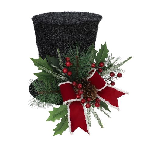 Christmas Top Hat Centerpiece, Top Hat Christmas Decorations, Snowman Hat Centerpiece, Hat Centerpieces, Top Hat Centerpieces, Diy Christmas Hats, Diy Snowman Hat, Christmas Arrangements Centerpieces, Biblical Images