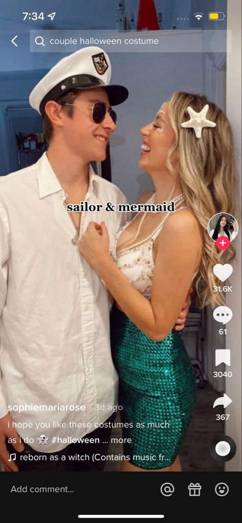 Mermaid And Sailor Halloween Costume, Aquamarine Couple Costume, Captain Couples Costume, Sailer And Mermaid Couple Costume, Mermaid And Captain Costume Halloween, Mermaid Captain Couple Costume, Sailor Mermaid Couple Costume, Siren And Captain Costume, Mermaid Sailor Couple Costume