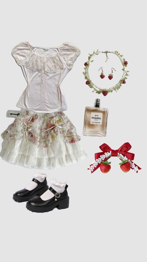 Strawberry cute kawaii outfit inspo Picking Outfits, Strawberry Cute, Cute Kawaii Outfits, Strawberry Outfit, Kawaii Outfit, Berry Picking, Cute Strawberry, Idea Board, Kawaii Clothes