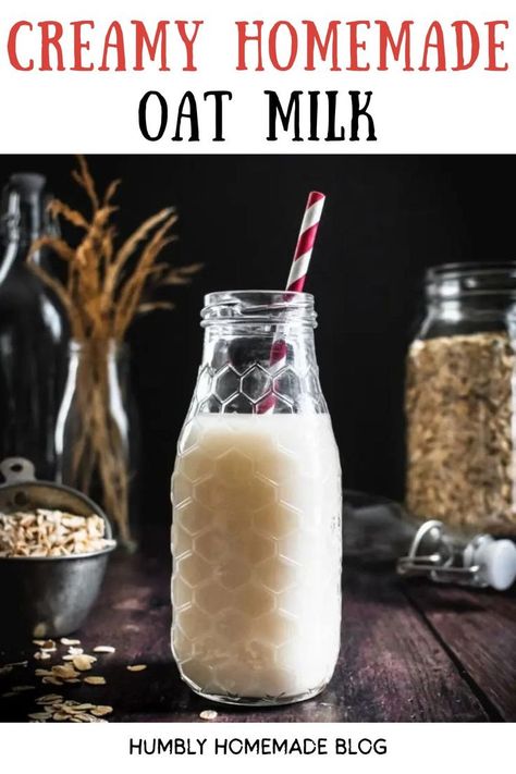 Jar of oat milk with a red and white straw on top Creamy Oat Milk, Diy Coffee Creamer, Homemade Oat Milk, Cold Drinks Recipes, Homemade Nut Milk, Oat Milk Recipe, Cozy Drinks, Nut Milk, Diy Coffee