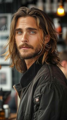 Long Center Part Hair, Mens Formal Long Hairstyles, Long Haired Men Hairstyles, Long Men’s Hairstyles, Long Men’s Hair Cuts, Man Haircut Long Hair, Long Hear Style Men, Mens Highlights Dark Hair Long, Long Hair Men With Beard