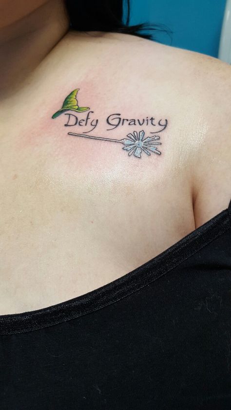 Wicked Defying Gravity Tattoo, Defy Gravity Tattoo, Wicked The Musical Tattoo, Dr Seuss Tattoo Ideas, Defying Gravity Tattoo, Peas Tattoo, Wicked Tattoos Musical, Wicked Tattoo Ideas, Wicked Musical Tattoo