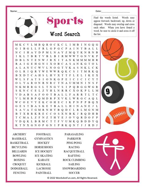 Word Search for Kids Sports Word Search, Fun Word Search, Free Word Search Puzzles, Word Search For Kids, Kids Word Search, Free Word Search, Printable Sports, Sports Theme Birthday, Fall Words