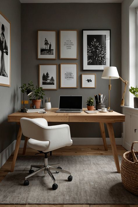 Transform your workspace into a serene haven with Scandinavian-inspired furniture and embrace the beauty of natural lighting. Achieve a minimalist aesthetic while promoting productivity and tranquility in your home office.  #ScandinavianDesign #HomeOffice #MinimalistLiving #NaturalLighting #WorkFromHome #InteriorInspiration #HomeOfficeInspo Scandi Home Office Ideas, Minimalistic Office Space, Beige And Black Office, Home Office Scandinavian Style, Cozy Home Office Small, Hallway Office Ideas, Work Station Ideas Home, Scandinavian Interior Office, Modern Scandinavian Office