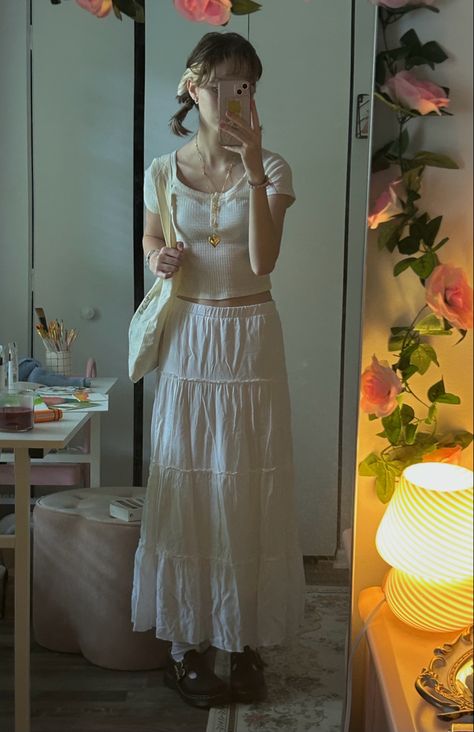 White Izzy Skirt Outfit, Brandy Long Skirt, Midi Skirt White Outfit, Mary Janes With Long Skirt, Long Skirt With Mary Janes, White Shirt And Long Skirt Outfit, White Maxi Shirt Outfit, Brown Bag Outfit Ideas, Coquette Mary Janes Outfit