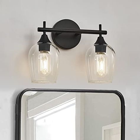 Black Vanity Lights for Bathroom,2-Light Farmhouse Bathroom Light Fixtures with Clear Glass Shade,Vintage Indoor Wall Lighting (Black, 2-Light) - - Amazon.com Black Vanity Lights, Farmhouse Bathroom Light Fixtures, Black Bathroom Light Fixtures, Farmhouse Bathroom Light, Lights For Bathroom, Black Bathroom Light, Farmhouse Vanity Lights, Farmhouse Light, Black Vanity Bathroom