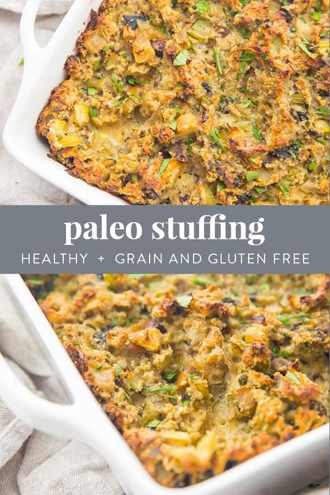 The best paleo stuffing recipe! Perfect for Thanksgiving or as a healthy gluten free and grain free side dish for roast chicken or turkey. Made with simple ingredients, you'll be shocked at how much it tastes like "real stuffing"... but better! With onion, celery, mushrooms, apple, and cranberries, this healthy stuffing recipe is a keeper. #thanksgiving #glutenfree #grainfree #dairyfree #healthy #paleo #sidedish #recipe #realfood #cleaneating Healthy Stuffing Recipe, Healthy Stuffing, Stuffing Recipes Healthy, Paleo Stuffing, Thanksgiving Recipes Turkey, Paleo Thanksgiving Recipes, Thanksgiving Side Dishes Healthy, Paleo Menu, Paleo Thanksgiving