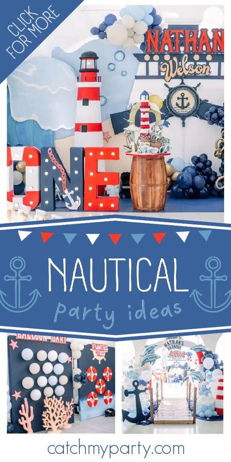 Check out this fun nautical-themed 1st birthday! The party decorations are incredible! See more party ideas and share yours at CatchMyParty.com Nautical Party Ideas, Sailor Party, Kids Party Planning, Nautical Birthday Party, Nautical Party Decorations, Nautical Themed Party, Boys 1st Birthday Party Ideas, Festival Ideas, Nautical Birthday