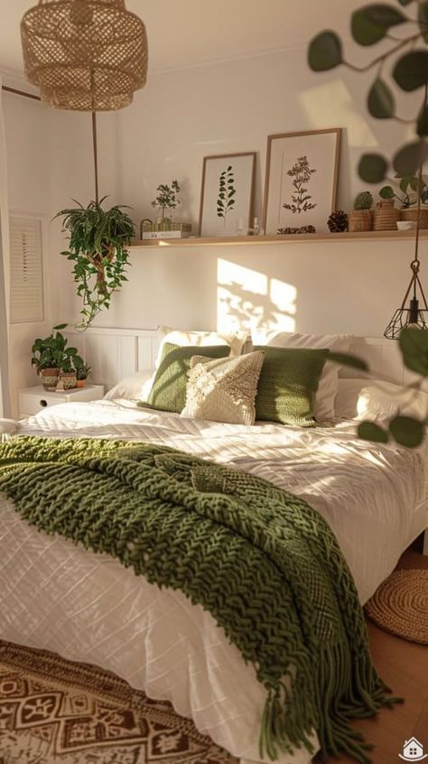 Natural Bedroom Decor Green, Bedroom Ideas White And Green, White Bed With Green Accents, Green Bedroom White Walls, Earthy Warm Bedroom Aesthetic, 25 Year Old Bedroom Ideas, Green Bed Ideas, Bedroom Ideas Green And White, White And Green Bedroom Aesthetic