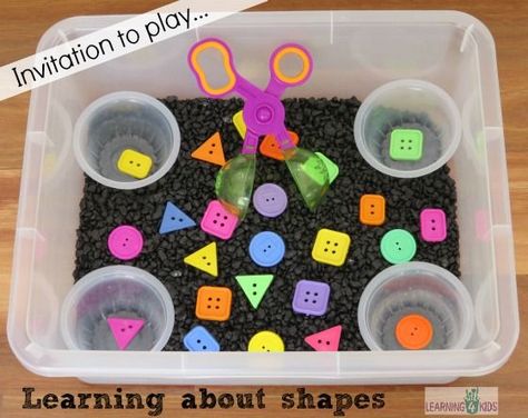 Learning about shapes in a sensory bin activity Kindergarten Sensory, Sensory Tubs, Sensory Tub, Shape Sort, Shapes Preschool, Sensory Boxes, Learning Shapes, Shapes Activities, Sensory Table