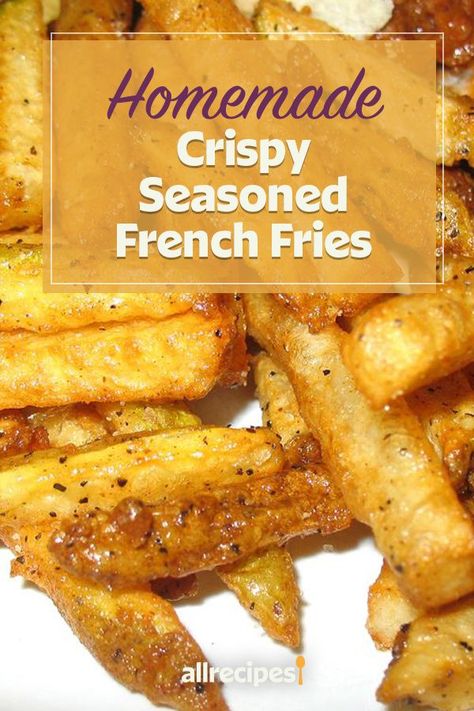 Homemade Crispy Seasoned French Fries | "Excellent fries! Even using cheap potatoes, I got crisp fries." #appetizers #appetizerrecipes #appetizerideas #apps #entertaining Homemade Rallys Fries, Fries Made From Potatoes, Best French Fries Seasoning, Best Seasoned Fries, Making Fries From Potatoes, Bbq French Fries, French Fries Wedges, Crispy Deep Fried French Fries, Best Potato For French Fries