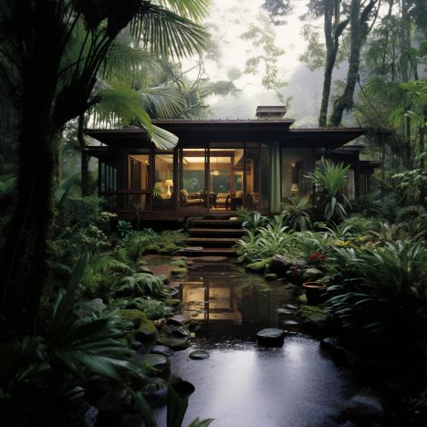 modern open design house in center of rainforest Rainforest Beach House, Jungle House Architecture, Rainforest Cabin, Tropical Island House, Tropical Cabin, Rainforest Aesthetic, Rainforest House, Beach House Small, Forest Landscaping