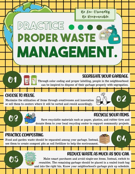 Waste Disposal is a usual part of our daily routines. As the world continues to advance, plastics and other materials were created for convenience. However, it is unavoidable for the citizens to properly manage their wastes that comes mostly from our homes. Through this, waste segregation are not just encourage to achieve an effective waste management. But, it is also strictly implemented as most countries have laws that could charge fine and imprisonment for those who would violate it.  In the Waste Segregation Infographic, Solid Waste Management Infographic, Project On Waste Management, Waste Disposal Poster, Waste Management Slogan, Proper Waste Management Poster, Waste Management Infographic, Proper Waste Disposal Poster, Solid Waste Management Poster