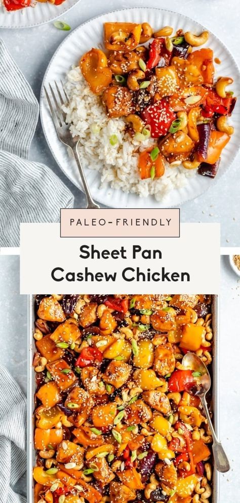 Delicious sheet pan cashew chicken packed with a rainbow of veggies for the perfect weeknight dinner! This easy, healthy cashew chicken recipe is wonderful served with a side of rice or cauliflower rice and makes the best meal prep for busy weeks. #sheetpan #onepanmeal #healthydinner #dinner #glutenfree #mealprep Cashew Chicken Sheet Pan, Fast Meal Prep Ideas, Healthy Casserole Recipes For Dinner Clean Eating, Easy Meal Prep Lunches High Protein, Easy Rice Lunch Ideas For Work, Celiac Dinner Recipes, High Protein Weeknight Meals, Chicken One Sheet Pan Meals, Lunch Meal Prep For The Week Healthy