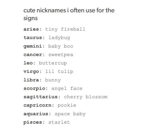 Nicknames for the signs. Pisces Nickname, Zodiac Nicknames, Capricorn Nicknames, Nicknames For Enemies, Nicknames For Friends, Good Nicknames, Aesthetic Rainbow, Aries Zodiac Facts, Pisces Quotes