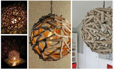 DIY Wooden ball lamps from twigs or driftwood Driftwood Chandelier, Driftwood Diy, Lampe Diy, Driftwood Lamp, Diy Lampe, Ball Pendant Lighting, Hemma Diy, Diy Casa, Driftwood Decor