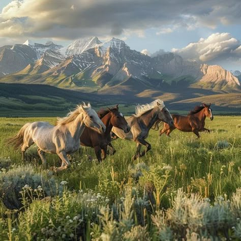 Horses In Nature, Wild Horses Wallpaper, Horses In Mountains, Horses In A Field, Horse Computer Wallpaper, Horse Nature Aesthetic, Horsey Life, Wild Horses Photography, Horse Wallpaper