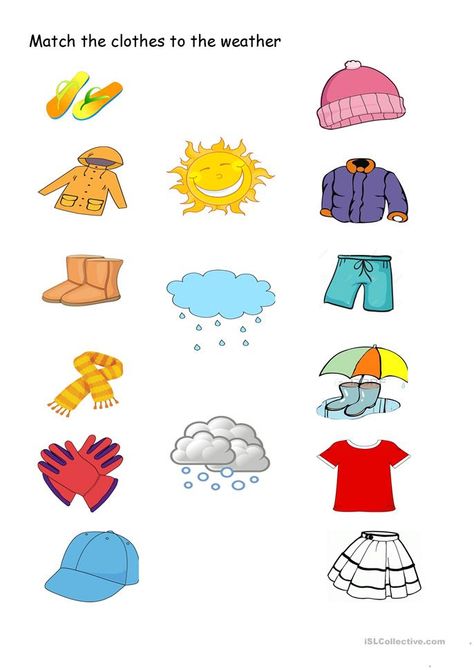 Match the clothes to the weather - English ESL Worksheets for distance learning and physical classrooms Clothes Worksheet, Weather For Kids, Weather Activities Preschool, Seasons Worksheets, Weather Worksheets, Preschool Weather, Weather Vocabulary, English Activities For Kids, Kids Worksheets Preschool