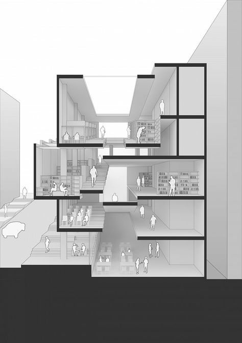 Library Section Architecture, Stairs Section, 3d Section, Architecture Sections, Library Stairs, Architecture Library, Architecture Section, Section Plan, Architecture Design Presentation