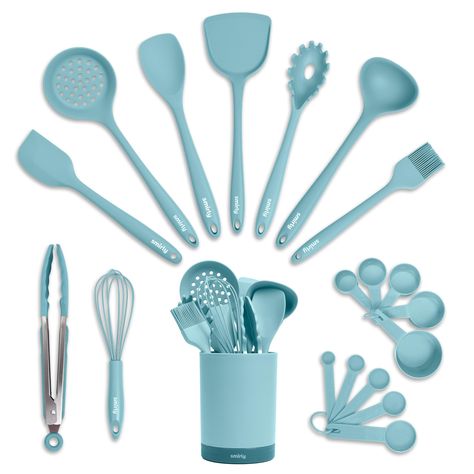 PRICES MAY VARY. ✅Everything You'll Ever Need - Our cooking utensils set has 20 pieces, so you'll have dozens of professional kitchen accessories at your fingertips. From the everyday kitchen spoons to the garlic crusher(need confirm the utensil inside), we included all the kitchen stuff you could possibly need to bring out your inner chef. Your smart purchase of our all-inclusive and essential kitchen gadgets set is one you'll appreciate for many years. Silicone Kitchen Utensils Set & Holder: C Essentials For New Home, Blue Kitchen Utensils, Blue Kitchen Accessories, Light Blue Kitchens, Kitchen Spoons, Kitchen Utensils Set, Garlic Crusher, Silicone Cooking Utensils, Silicone Kitchen Utensils