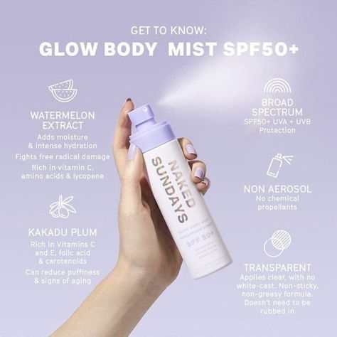 This non-sticky, non-greasy, ground-breaking light body mist formula is both your hydrating body moisturizer and SPF50+ in one. (Follow instructions, reapply often and liberally. Not water resistant). Meet your all-in-one multi- tasking Glow Body Moisturizer and High Performance SPF50+ packaged in one easy-to-use light mist spray! This non-aerosol pump spray ensures you're getting SPF UVA+UVB Broad Spectrum protection, whilst leaving your limbs hydrated, glowing and infused with a heady dose of