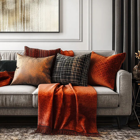 Gray living room transformed for fall with warm autumnal accents Grey And Copper Living Room, Orange And Gray Living Room, Simple Fall Decor Living Room, Orange Living Room Ideas, Living Room Mantle Decor, Living Room Decor Grey Couch, Fall Living Room Decor Ideas, Living Room Curtains Ideas, Room Curtains Ideas