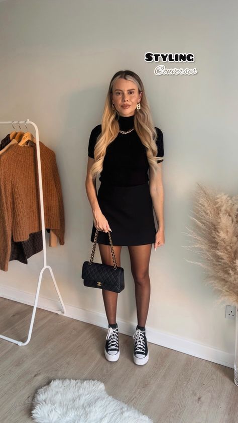 Dressy Converse Outfit, Perrie Sian Outfits, Converse Going Out Outfit, Converse Skirt Outfit, Spring Outfits Converse, Black Converse Platform Outfit, Dress And Converse Outfit, Ways To Style Converse, Black Converse Boots