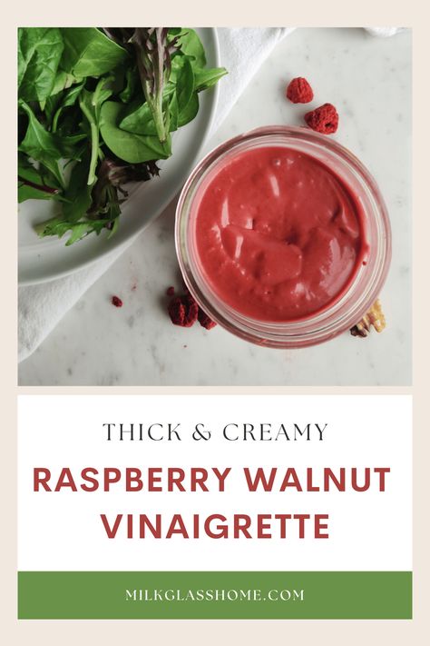 For a burst of fresh raspberry flavor in every bite, blend up this thick and creamy raspberry walnut vinaigrette! Raspberry Walnut Vinaigrette, Baby Spinach Salad, Baby Spinach Salads, Vinaigrette Salad, Raspberry Vinaigrette, Walnut Recipes, Refreshing Salad, Glass Home, Vinaigrette Dressing