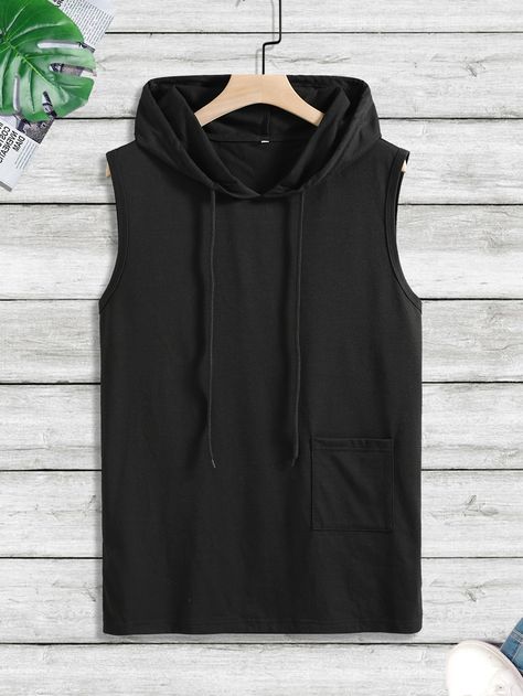 Black Casual  Sleeveless Polyester Plain  Embellished Slight Stretch  Men Tops Black Tank Top Outfit Men, Emo Boy Outfits, Black Shirt Outfits, Hooded Tank Top, Aesthetic Grunge Outfit, Tank Top Outfits, Sleeveless Hoodie, Men Tops, Sleeveless Tshirt