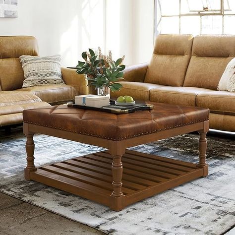 Amazon.com: LUE BONA Ottoman Coffee Table, 34”Faux Leather Upholstered Tufted Coffee Tables, Large Square Ottoman with Wood Storage Shelf for Living Room, 250 LBS, Brown : Home & Kitchen Large Rectangular Ottoman, Coffee Table For Brown Couch, Round Coffee Table Decor Living Room, Living Room No Coffee Table, Leather Ottoman Living Room, Leather Ottomans Living Room, Living Room Ottoman Coffee Table, Leather Ottoman Coffee Table, Large Square Ottoman