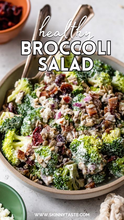 Delicious Broccoli Salad made with bacon, sunflower seeds, red onion, and goat cheese mixed with a creamy Greek yogurt-mayo sauce. So good!! #broccoli #broccoli salad Healthy Broccoli Salad, Broccoli Side Dish, Delicious Broccoli, Mayo Sauce, Broccoli Salad Recipe, Side Dishes For Bbq, Goat Cheese Salad, Skinny Taste Recipes, Broccoli Salad