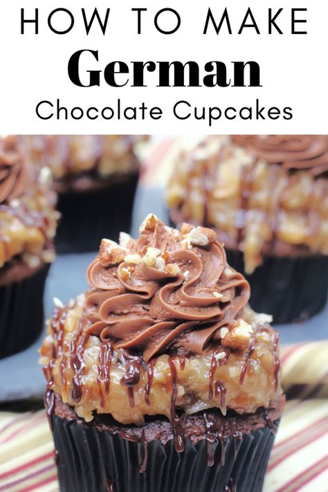 Elevated Dessert Recipes, German Chocolate Cupcake Recipe, German Chocolate Cake Ideas, Easter Flavor Cupcakes, Cakemix Cupcake Recipes, German Chocolate Cupcakes From Scratch, German Chocolate Cake Cupcakes, Gourmet Cupcake Ideas, Jumbo Cupcake Recipes