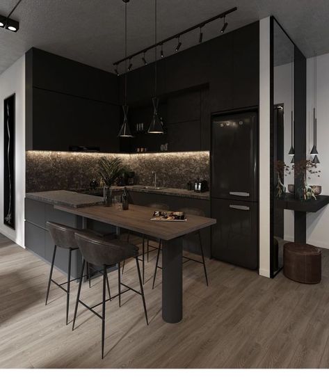 Dark kitchen with leather chairs Urban Interior Design, Ny Apartment, Modern Apartment Interior, Modern Apartment Living Room, Condo Interior Design, Dark Living Rooms, Loft Kitchen, Condo Interior, Urban Interiors