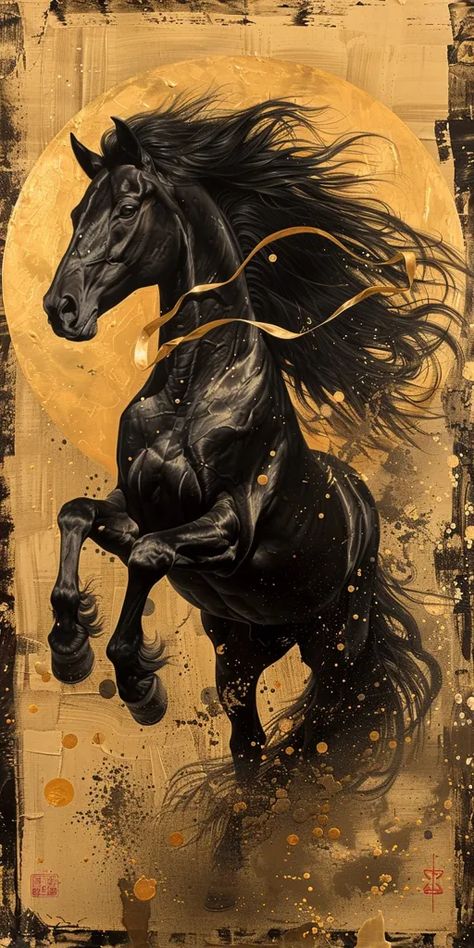 Midjourney AI Image: Oil painting, black horse rearing with golden threads and ribbons wrapped around its body, gold leaf... → more in ai-img-gen.com Angry Horse Drawing, Horse Running Front View, Black Horse Painting, Horse Art Ideas, Horse Rearing, Rearing Horse, Horse Oil Painting, Golden Horse, Beautiful Scenery Photography