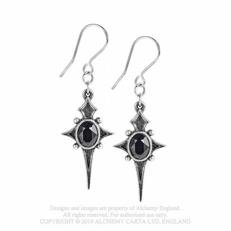 Stars of Life in gothic form, to shine in celestial darkness.Bring a hint of darkness to you look with these stunning crosses.A delicate pair of gothic tracery, pewter dropper earrings in antiqued pewter, in a star motif set with a black Austrian crystal.On surgical steel ear-wires. Gothic Tracery, Black Crystal Earrings, Pewter Earrings, Alchemy Gothic, Pewter Jewelry, Goth Earrings, Star Motif, Alternative Jewelry, Gothic Earrings