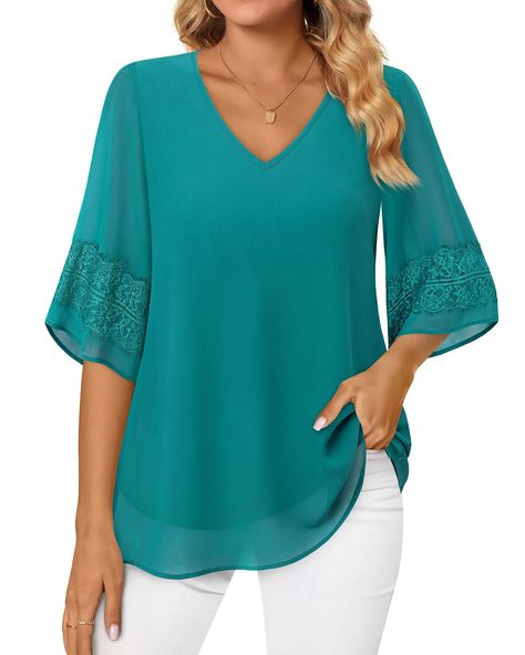 PRICES MAY VARY. FEATURES: Chiffon Blouses for Women/ Women's Dressy Blouse /V Neck Business Casual Tops For Women / Women Blouses Half Sleeve With Patchwork Lace/ 3/4 Bell Sleeve Tops/ Work Shirts for Women/ Classic Versatile Blouses For Women/ Lightweight Pretty Blouse/ Casual Loose Fit Style HALF SLEEVE BLOUSES: This Chiffon Blouses is simple yet elegant. The patchwork lace on the sleeves are fashionable detail that adds flair to the blouse, and unlike other blouses, this one is even more ele Work Shirts For Women, Business Casual Tops For Women, Women Fashion Tops Blouses, Womens Dressy Blouses, Business Casual Tops, Women's Half Sleeve, Bell Sleeve Tops, Tunic Shirts, Beautiful Tops