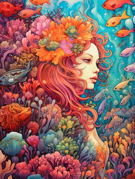 Fairytale mermaid among the beauty of the coral reef Colorful Mermaid Art, Abstract Mermaid Art, Mixed Media Mermaid Art, Mermaid Surfboard, Mermaid Illustration Art, Basement Mural, Coral Reef Illustration, Coral Reef Drawing, Mermaid Portrait