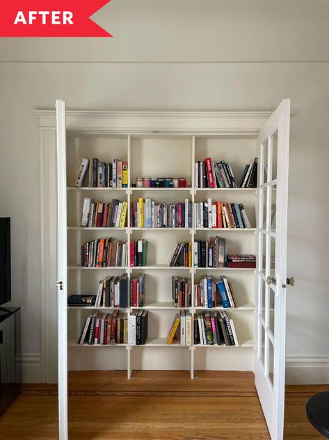 Before and After: Apartment Bookshelves | Apartment Therapy Diy Mini Library, Apartment Bookshelves, Closet Bookshelves, Ikea Lack Shelves, Cluttered Bedroom, Minimalist Shelves, Mini Library, Cozy Reading Corners, Bookcase Styling