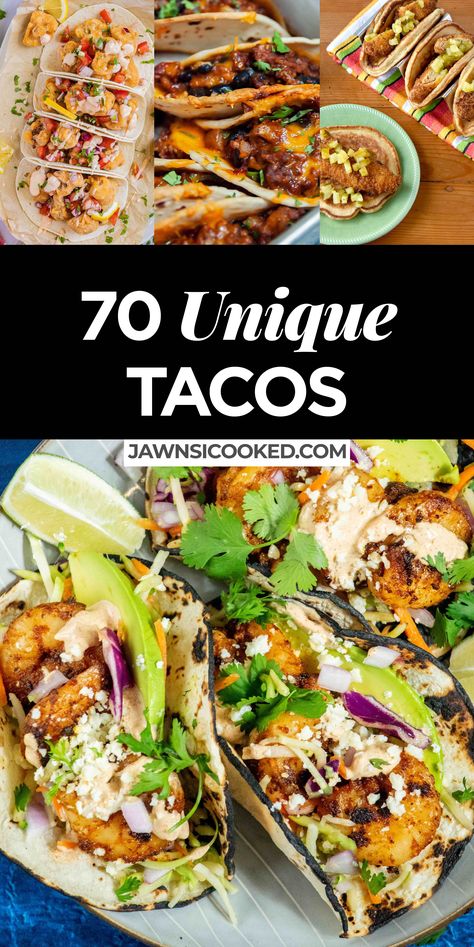 Looking for a taco recipe the whole family can enjoy, or easy weeknight dinner? These 70 unique tacos recipes have you covered! Fun Tacos Recipes, Yummy Taco Recipes, Crazy Taco Ideas, Unique Tacos Recipes, Tacos Dinner Party, Fresh Taco Recipes, Asian Taco Recipes, Unique Taco Ideas, Taco Ideas Unique