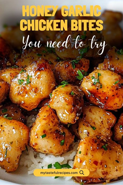 These tender Honey Garlic Chicken Bites are perfectly crispy and coated in a sticky, sweet, and savory honey garlic glaze. A quick and delicious appetizer or dinner option! Garlic Parm Chicken Bites Air Fryer, Sticky Garlic Chicken, Bbq Chicken Bites Baked, Honey Glaze For Chicken, Chicken Bite Appetizers, Honey Garlic Chicken Healthy, Grilled Chicken Bites, Sticky Honey Garlic Chicken, Honey Garlic Chicken Bites