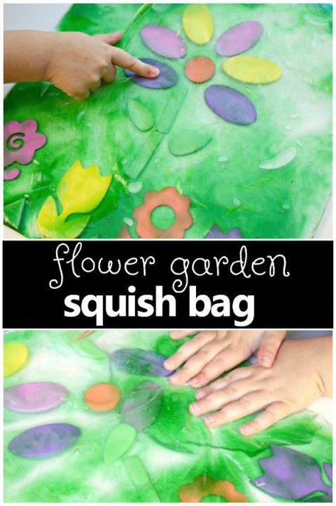 Flower Garden Sensory Squish Bag-Spring theme fun for toddlers and preschoolers. Great for your preschool flower theme too! Preschool Spring Theme, Preschool Flower Theme, Flower Sensory, Sensory Activities For Toddlers, Spring Lesson Plans, Spring Theme Preschool, Preschool Spring, Spring Lessons, Preschool Garden