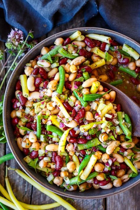 Tangy Three Bean Salad | Feasting At Home Zesty Bean Salad, German Bean Salad, Keto Bean Salad, 3 Bean Salad Recipe Healthy, Protein Salads Recipes, Cold Bean Salad Recipes, Been Salad, Dense Bean Salad Recipes, Dense Bean Salad