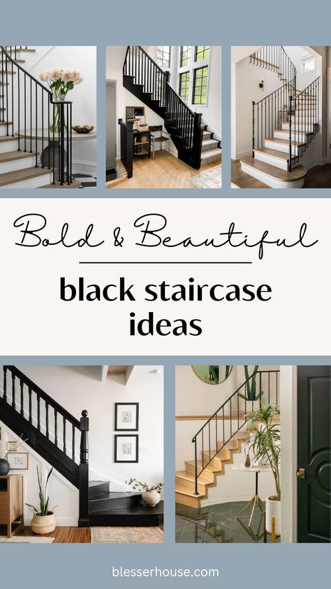 Best Black Paint For Stair Railing, All Black Stair Railing, Black Painted Railing Stairways, Black Iron Railing Stairs, Stairway Makeover Entryway, Black Stair Balusters, Paint Stair Railing Black, Black And White Railing Stairways, Stair Railing Ideas Black