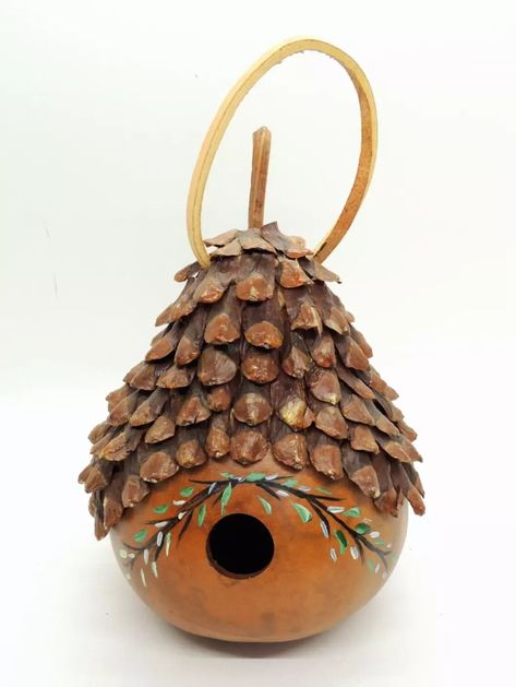 Gourd Art Birdhouse Pine Cone Petal Roof Hand Painted Leather Hanger Fairy Garde | eBay Cat Gourd, Gourds Diy, Snowman Gourds, Leather Hanger, Fall Gourds, Hand Painted Birdhouses, Gorgeous Gourds, Pine Cone Art, Chicken Bird