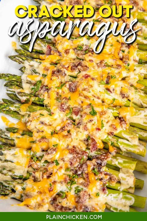 Cracked Out Asparagus - easy baked asparagus recipe loaded with cheddar, bacon, and ranch. Low-carb, keto-friendly, and gluten-free. Super simple to make with no prep time and ready to eat in under 30 minutes. Asparagus, mayonnaise, cheddar cheese, ranch dressing mix, and bacon. Serve this easy side dish with your favorite steak for a meal that is better than any restaurant. Add this to your menu ASAP! Asparagus With Cheese, Easy Asparagus Recipes, Cracked Out, Asparagus Casserole, Asparagus Recipes Baked, Asparagus Bacon, Baked Asparagus, Plain Chicken, Asparagus Recipe