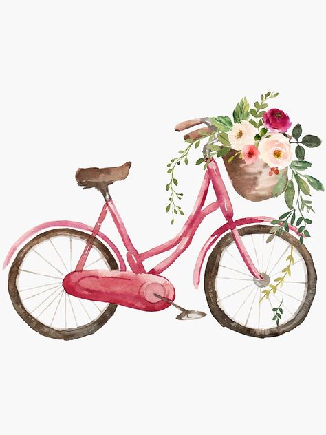 Flower Bike, Spring Bicycle, Bicycle With Flowers, Bike Sticker, Spring Drawing, Bicycle Painting, Blog Art, Bicycle Art, 수채화 그림