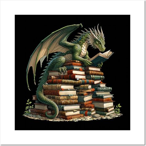 Distressed Bookworm Dragons Reading Book - Dragons and Books -- Choose from our vast selection of art prints and posters to match with your desired size to make the perfect print or poster. Pick your favorite: Movies, TV Shows, Art, and so much more! Available in mini, small, medium, large, and extra-large depending on the design. For men, women, and children. Perfect for decoration. Dragon Hoarding Books, Dragon Book Cover, Book Dragon Tattoo, Dragon Reading A Book, Dragon Reading, Books Wall, Book Wall, Book Nook, Book Dragon